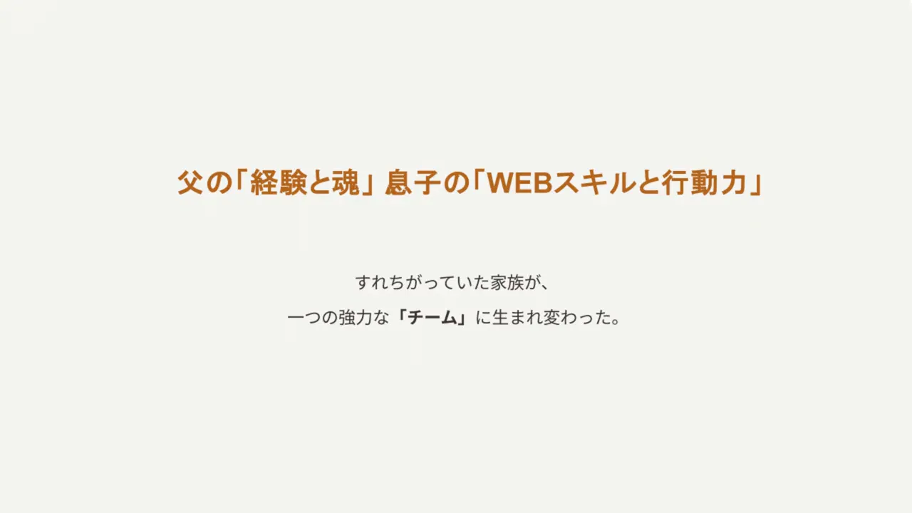 父の「経験と魂」息子の「WEBスキルと行動力」スライド：家族がチームに生まれ変わった説明