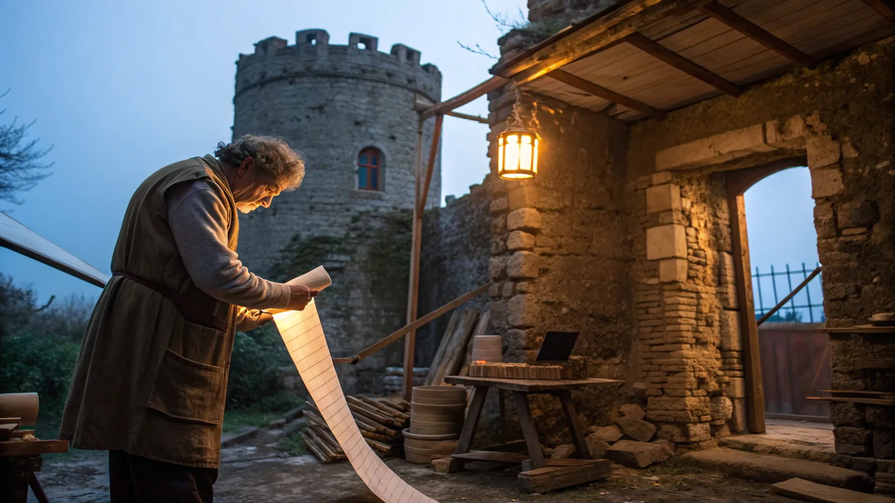 廃れかけた工務店の社長が光る長い原稿を手に、古い城のような工房がページとデータで堅牢な情報要塞へと変わる比喩的な風景。助言者のランタン、工具、朝焼けの光が混ざる劇的な構図（文字は一切なし）
