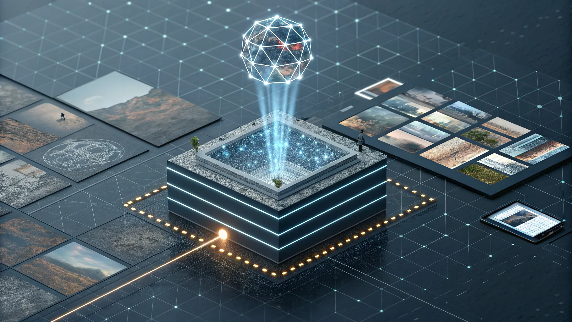 AIコアから縦に掘られた層へと広がるパイプラインが、現場写真や録音、長文原稿を経てスライド、音声、動画、ショート、書籍に変換される様子を示すインフォグラフィック風イラスト