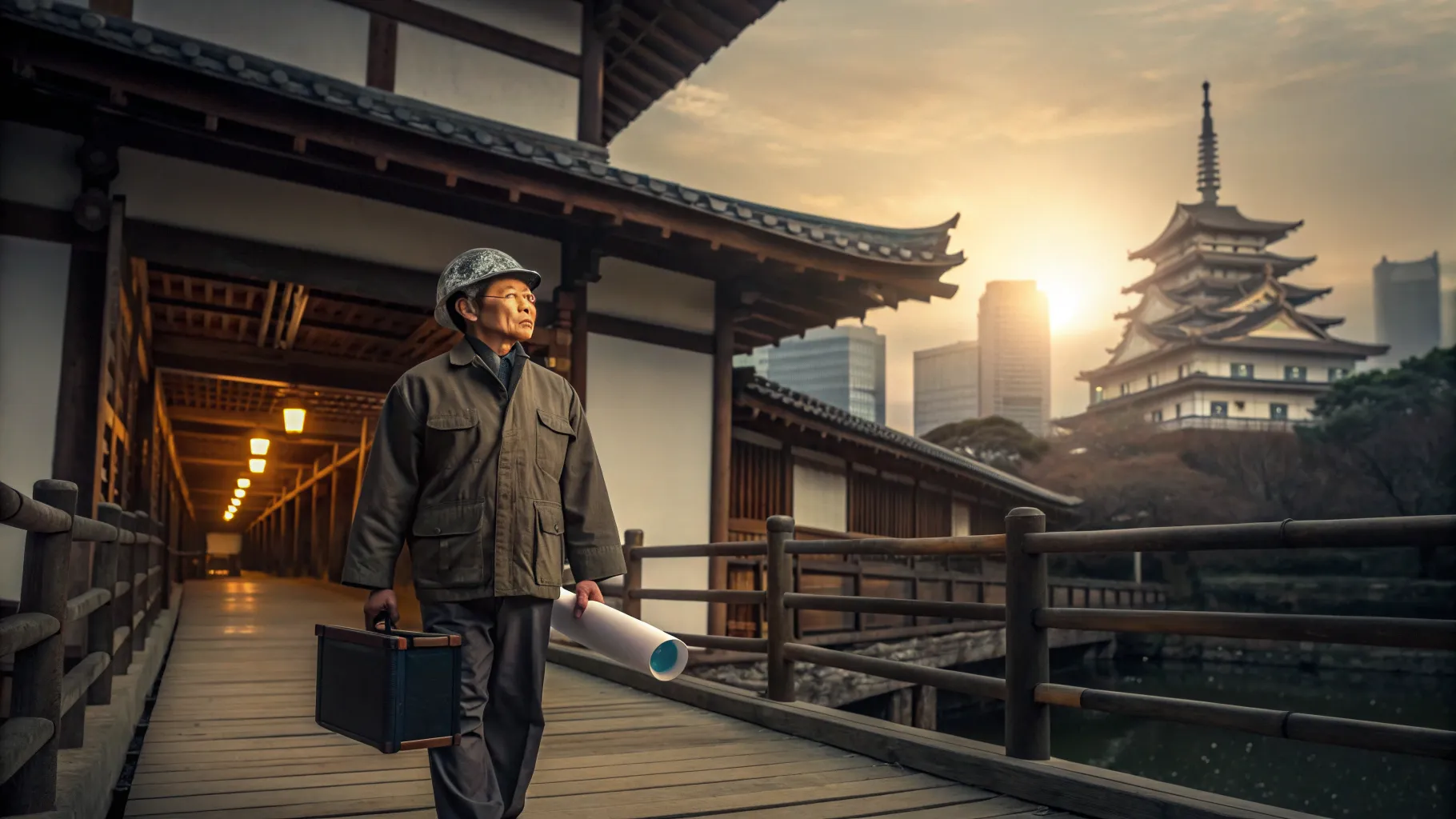 工具と設計図を持った中小建築会社の社長が作業場とデジタルの街をつなぐ橋に立ち、城と花火、時計、天秤で職人技と経営視点の融合を象徴するイメージ