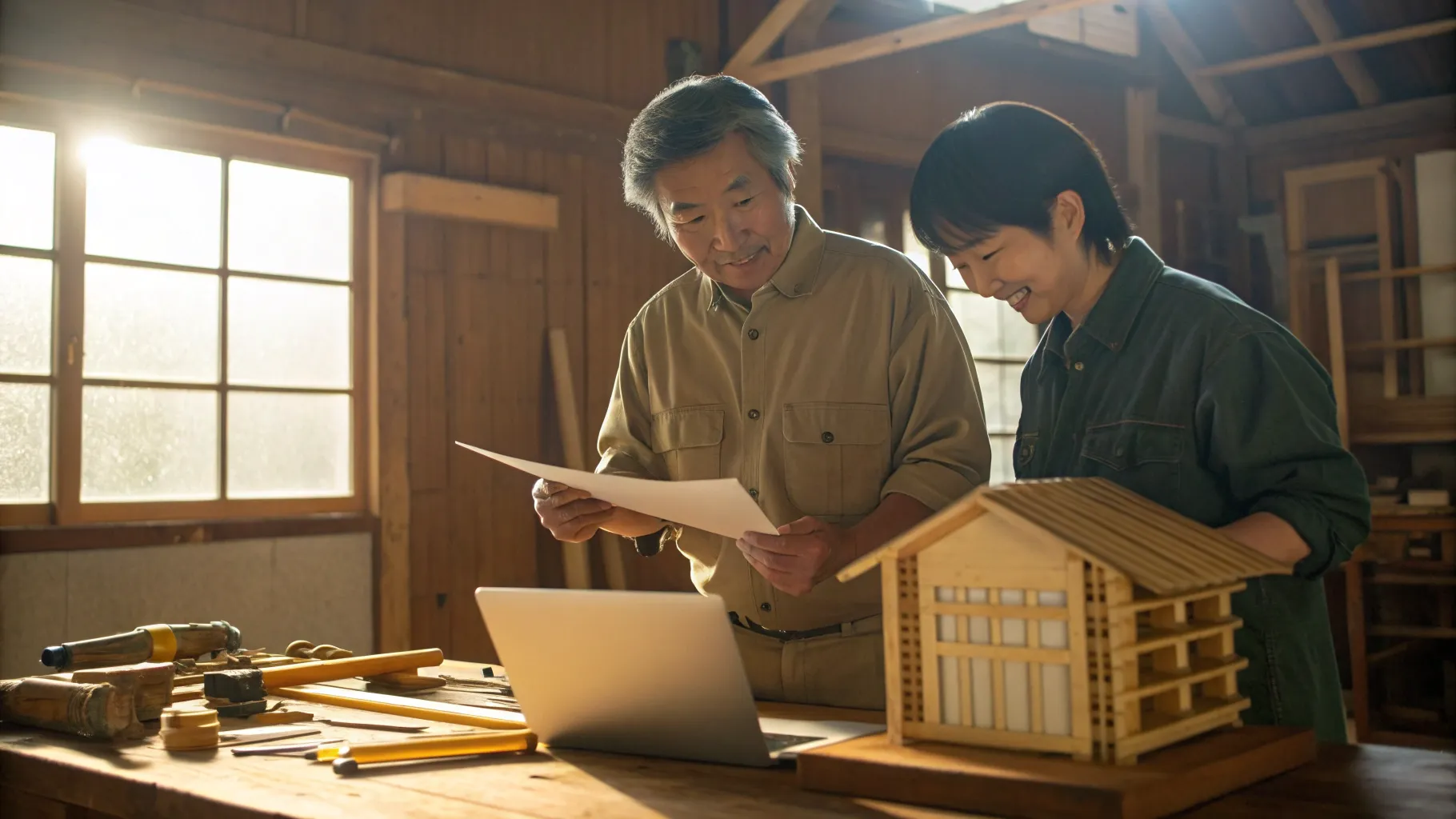 新潟の小さな工務店の木工工房で、青写真とタブレットを前に向き合い微笑む父と息子、女性アドバイザーと職人が協力する様子。伝統の技とデジタルが融合した温かな場面。