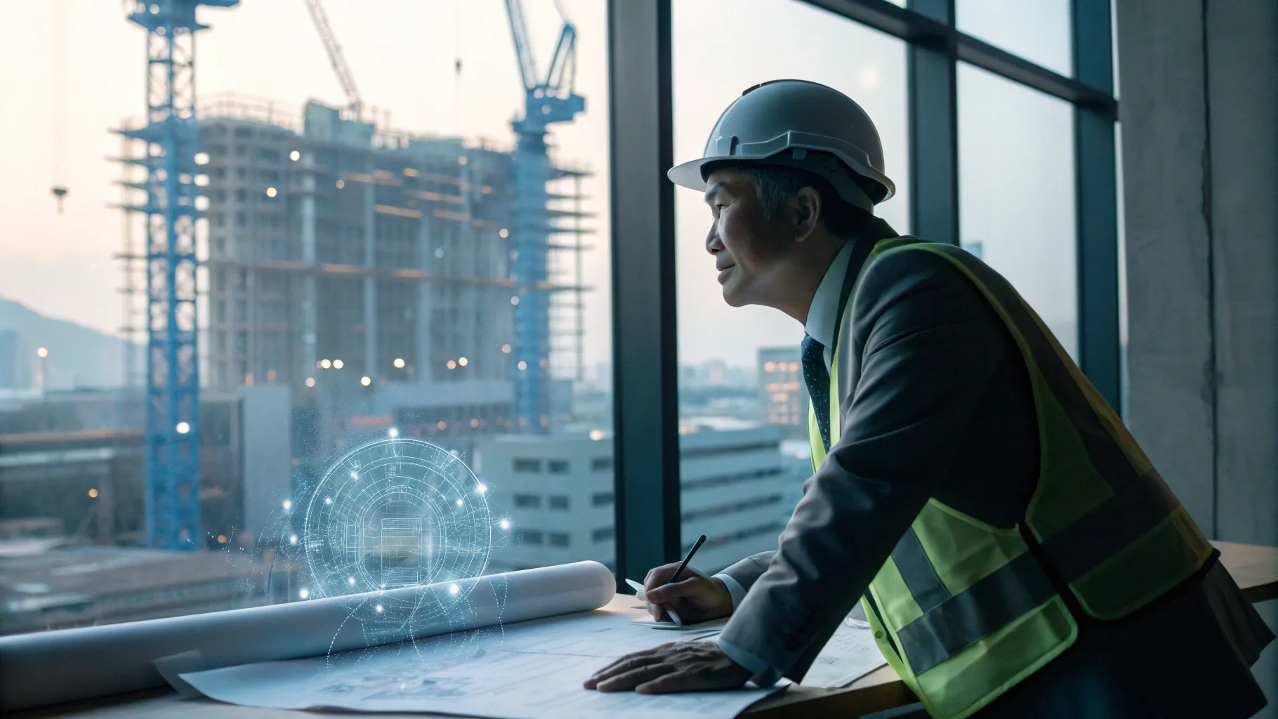 ホログラムのAI軍師が建築会社の社長の前で戦略図やチャートを示し、山積みの資料が光の粒になって時間が圧縮される様子。工事現場や設計図の要素を含むビジュアル。