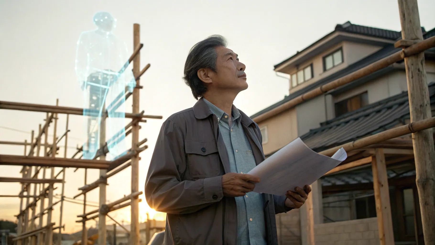 青写真を手にホログラムのAI軍師と相談する中小建築業の社長。高価格の弱みが盾となり長期品質・安心に変わる象徴的な場面（画像に文字なし）