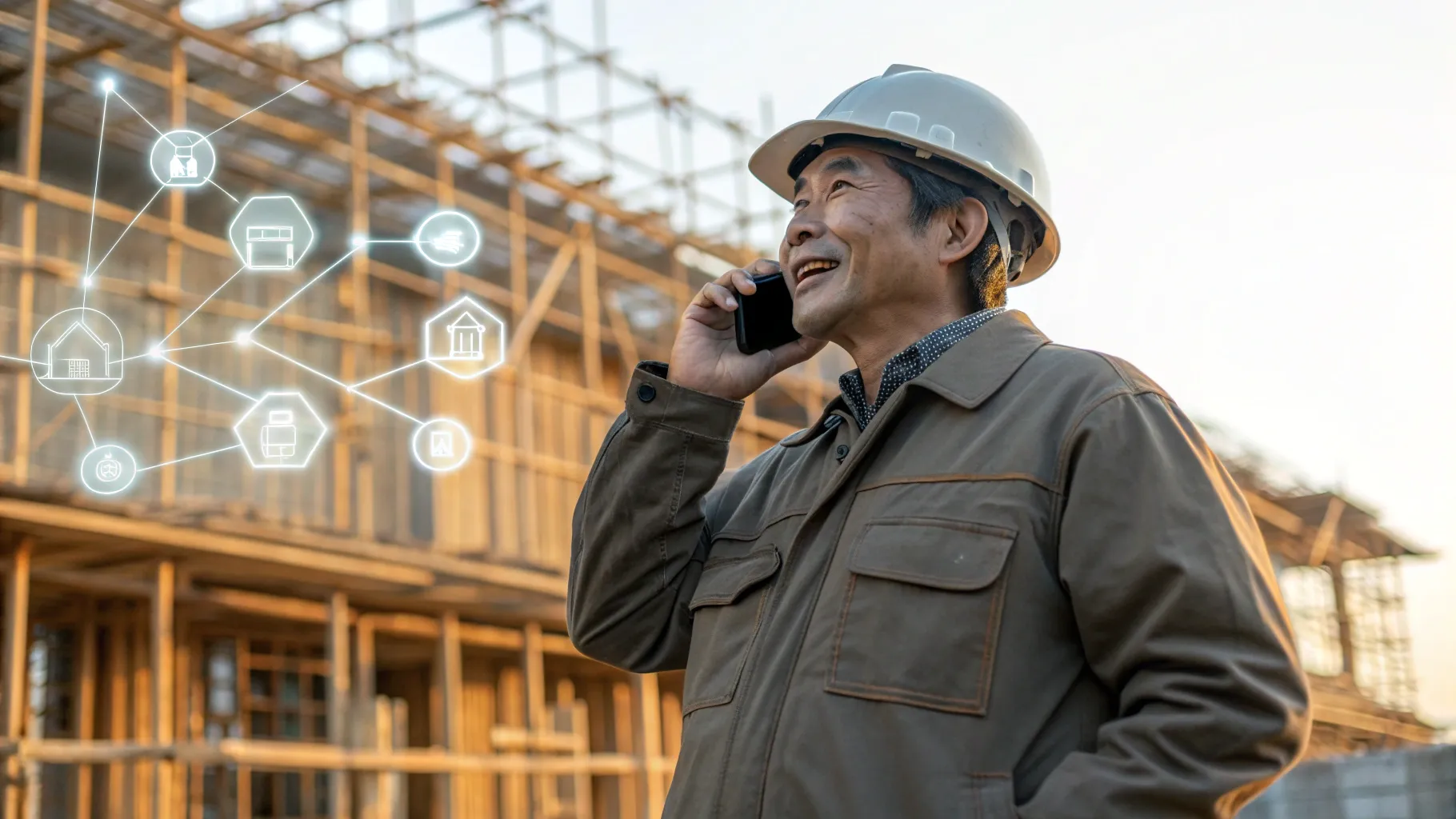 建築現場でスマートフォンに向かって話す社長。口元と端末から光る音声波形が浮かび上がり、チャット泡やデジタルの建物ブロックに変わってネットワークと青写真を形成する。そばには透明なAIアドバイザーのホログラム。文字は一切なし。