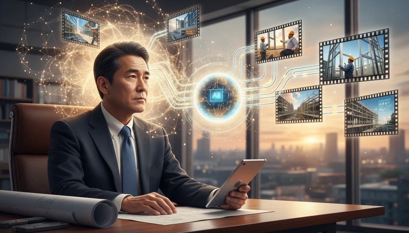 社長の思考が光るニューラルネットとフィルムフレーム、カメラレンズを介してそのまま動画に変わる様子を描いたイメージ。建築現場の要素を含む、文字なしのビジュアル。