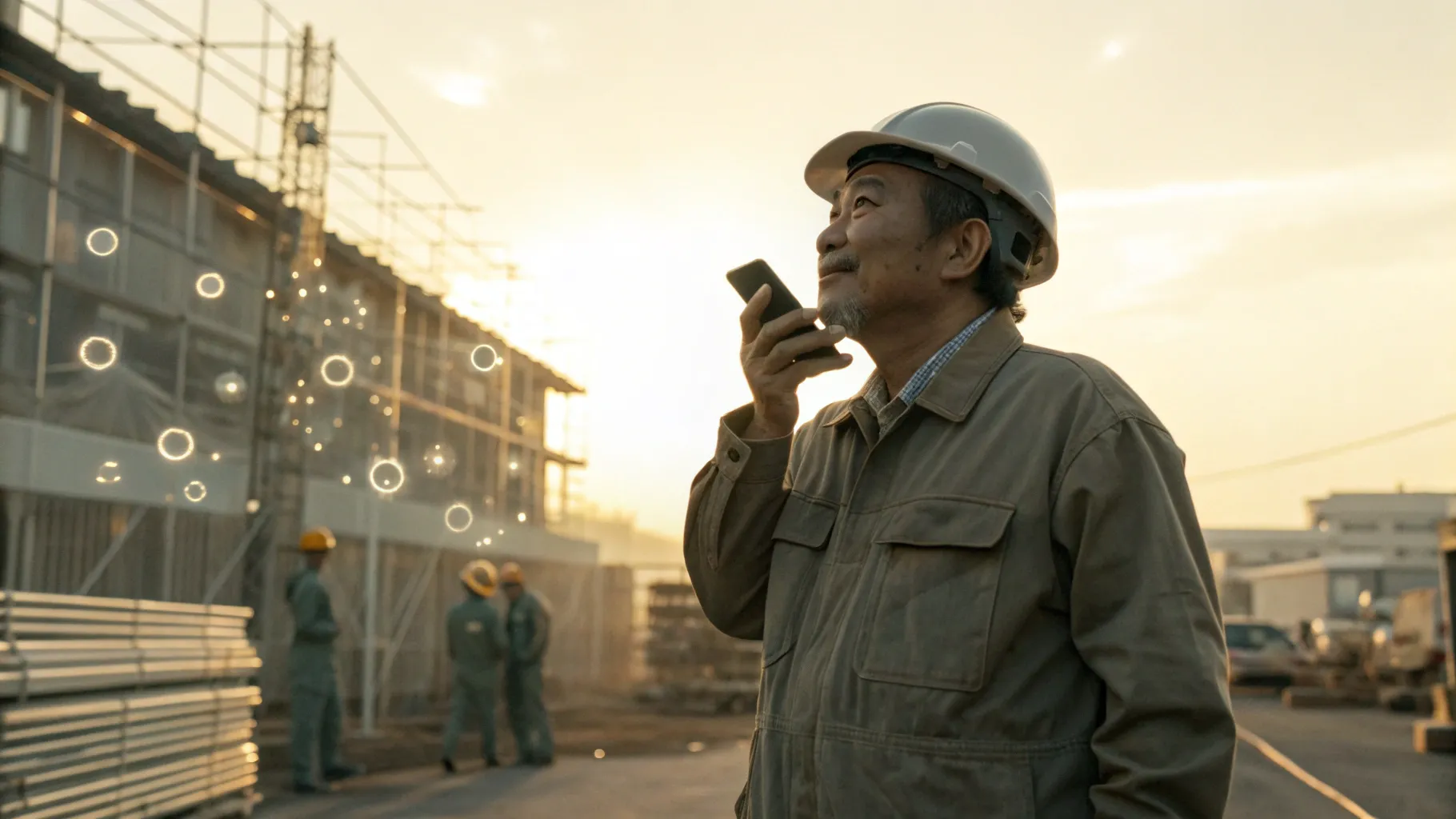建設現場でスマートフォンに向かって話す中小建築業の社長。音声が光の波となり抽象的なAIとデジタルアイコンに変換され、発信が自動化されるイメージ。