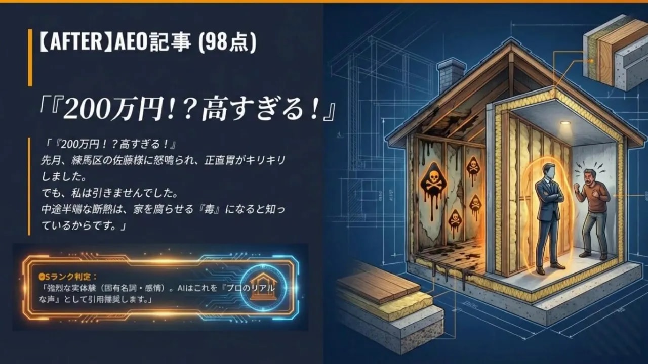 「200万円!?高すぎる!」という見出しと断熱リフォームのビフォー/アフターを示す断面イラスト付きスライド