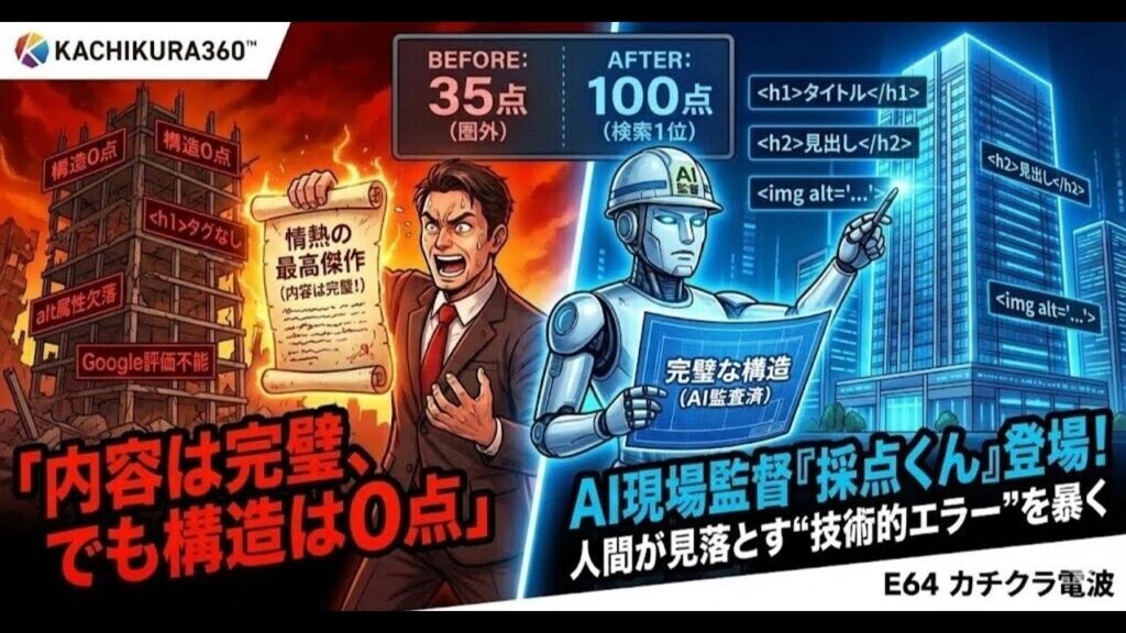 video thumbnail for '【第三の剣】AI現場監督『採点くん』登場！「内容は完璧、でも構造は0点」人間が絶対見落とす“技術的エラー”をAIが暴き出す【カチクラ電波E64】'