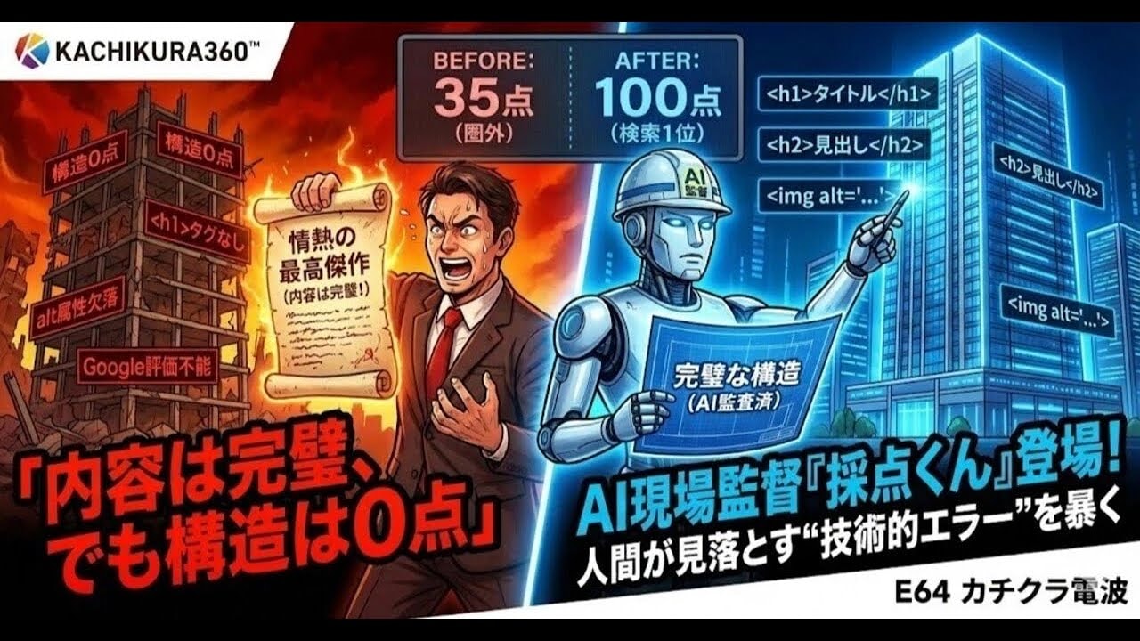 video thumbnail for '【第三の剣】AI現場監督『採点くん』登場!「内容は完璧、でも構造は0点」人間が絶対見落とす“技術的エラー”をAIが暴き出す【カチクラ電波E64】'