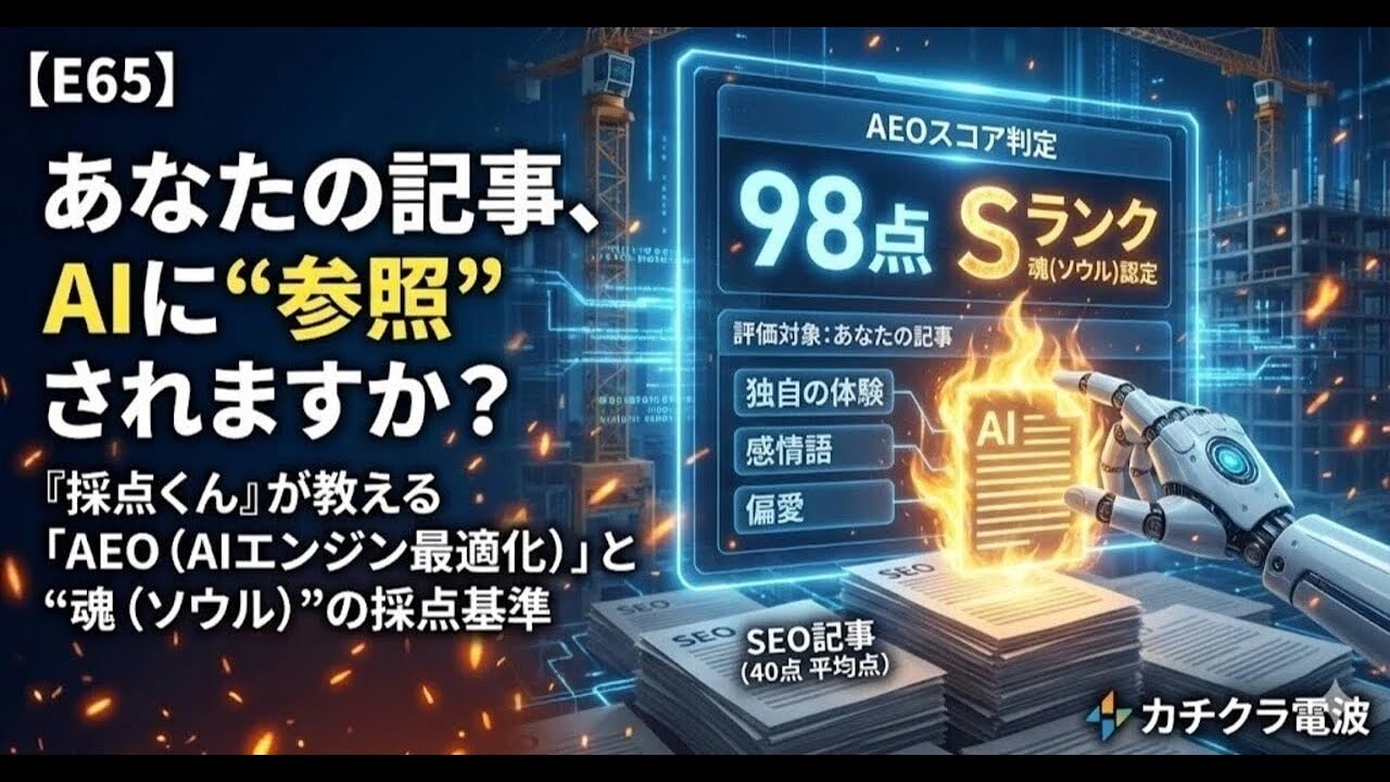 video thumbnail for 'あなたの記事、AIに“参照”されますか?『採点くん』が教える「AEO(AIエンジン最適化)」と“魂(ソウル)”の採点基準【カチクラ電波E65】'