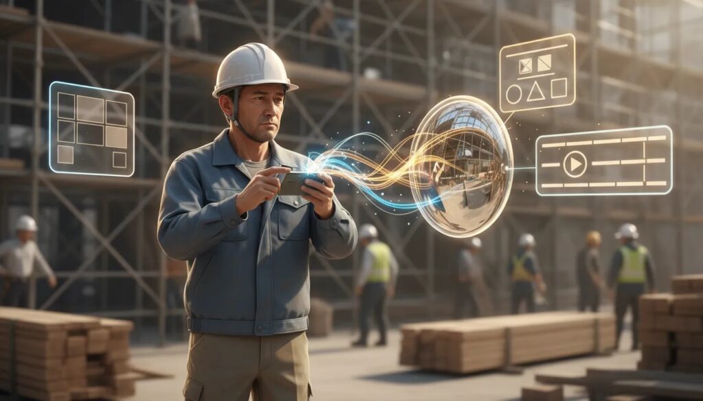 建築現場でスマホに向かって話す中小建築会社の社長。音声が光の流れとなってAIの球体に吸い込まれ、そこからブログ風のパネル、スライド風のパネル、動画の絵コンテ風パネルが浮かび上がる様子。作業服とヘルメット、現場の背景、文字なしのプロフェッショナルなビジュアル。