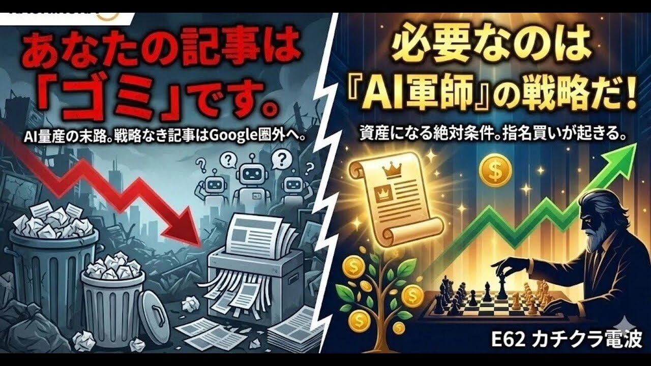 video thumbnail for 'あなたの記事が「ゴミ」になる理由。それは『AI軍師』による“戦略”がないからだ。資産になる記事の絶対条件【カチクラ電波E62】'