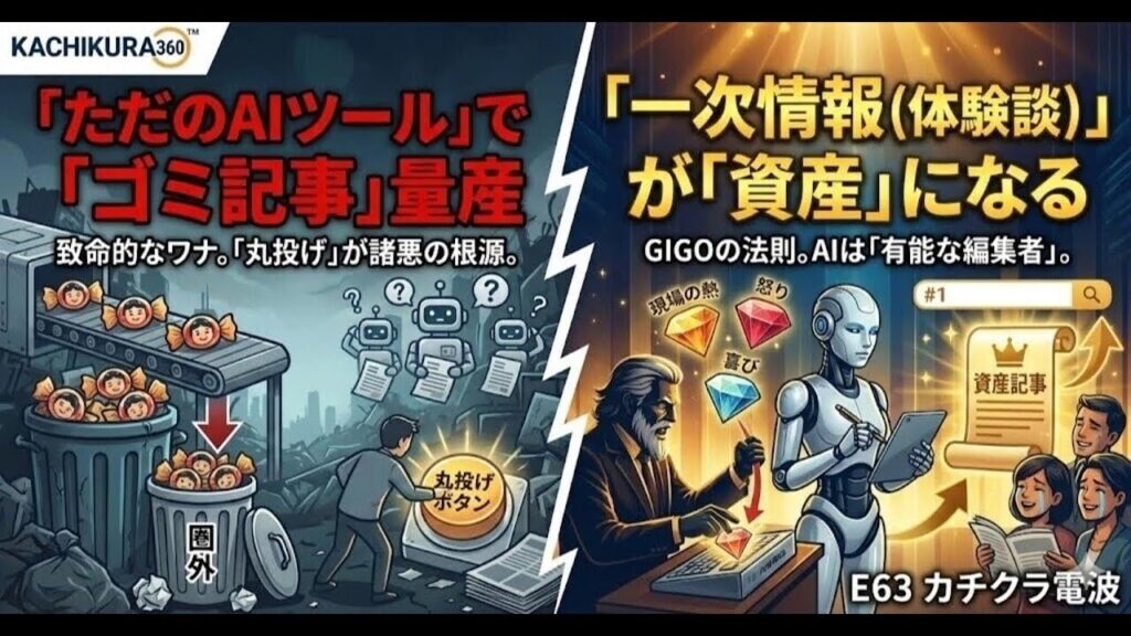 video thumbnail for '【失敗事例から学ぶ】なぜ、ただのAIライティングツールを使うと「ゴミ記事」が量産されるのか？その致命的なワナ【カチクラ電波E63】'