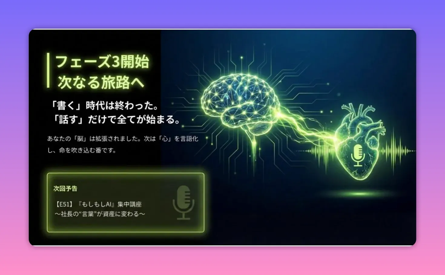 話すだけで始まることを示す発光する脳と心臓が接続され、心にマイクアイコンがある高解像度スライド