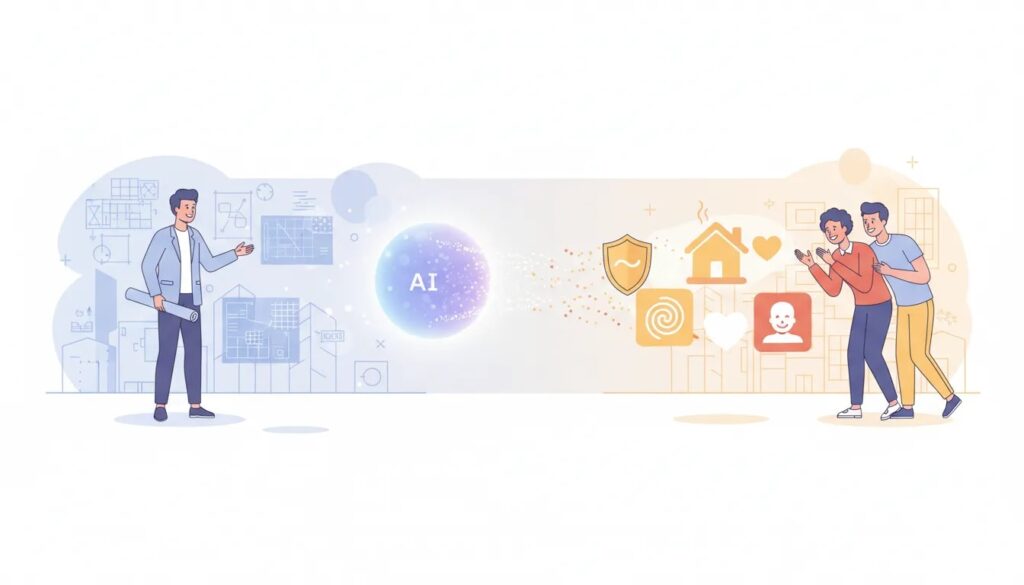 AIが建築の専門用語や青写真の断片を光の粒で温かいアイコンに変え、顧客が夢中になる様子を描いたモダンなイラスト（文字なし）