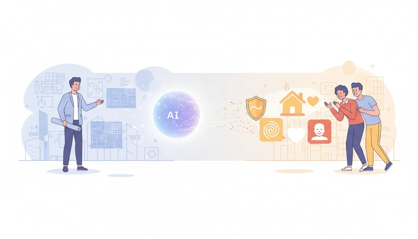 AIが建築の専門用語や青写真の断片を光の粒で温かいアイコンに変え、顧客が夢中になる様子を描いたモダンなイラスト(文字なし)