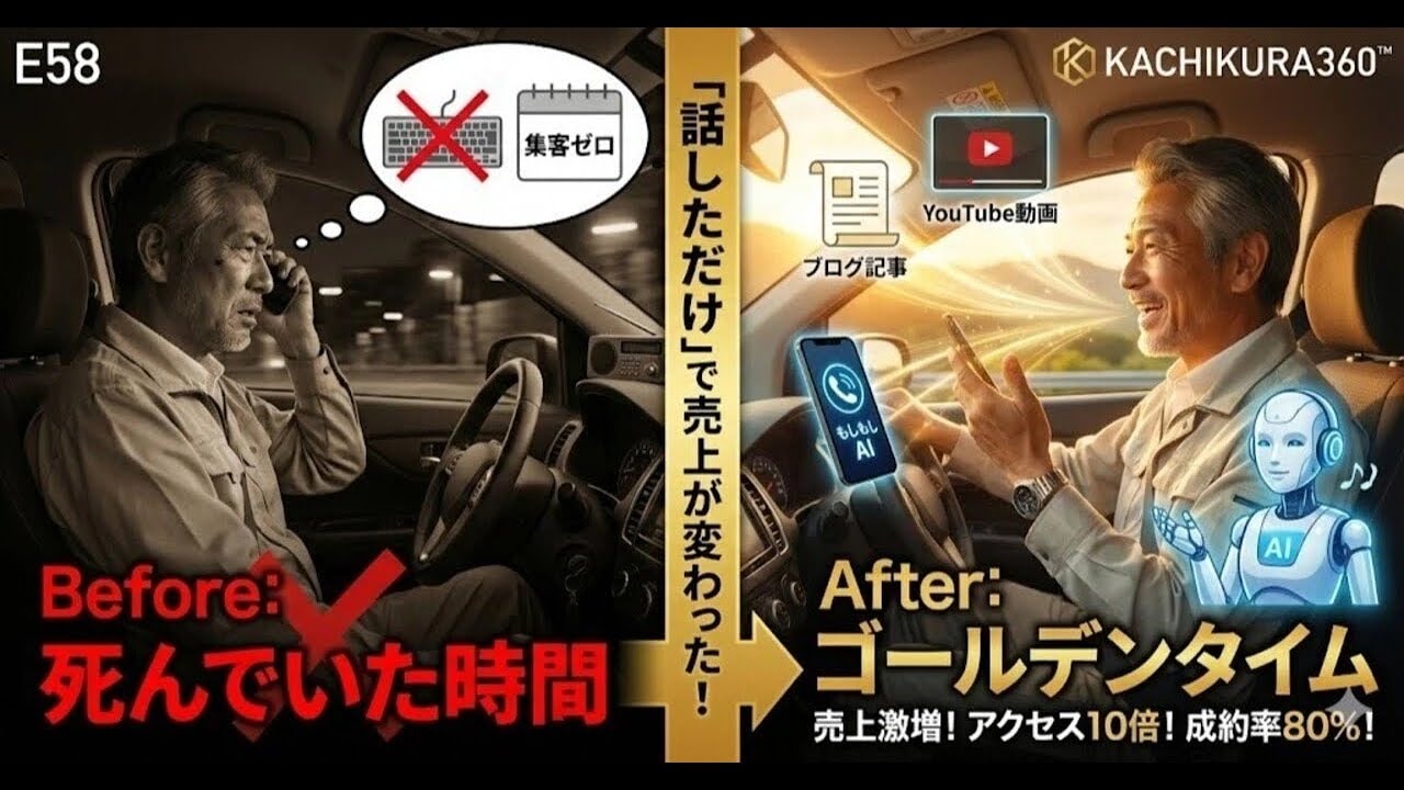 video thumbnail for '【実証】「話しただけ」で売上が変わった。移動中の車内を「コンテンツ工場」に変えた、ある社長のBefore/After【カチクラ電波E58】'