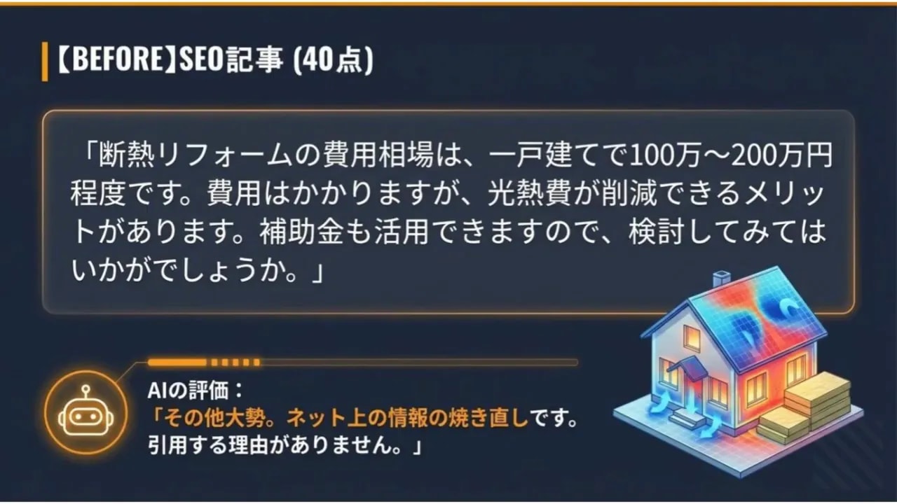 明瞭なスライド:BEFORE SEO記事(断熱リフォーム費用の一般論)とAIの評価『ネット上の情報の焼き直し』、断熱を示す家の図