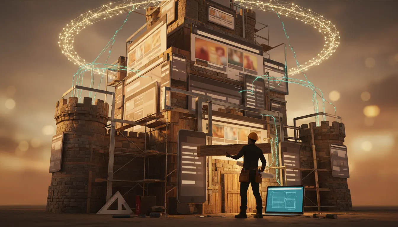 ウェブサイトのUI要素で築かれた『ブランドの城』と設計図、AIを示す光のネットワークの前で作業する工務店経営者のシルエット