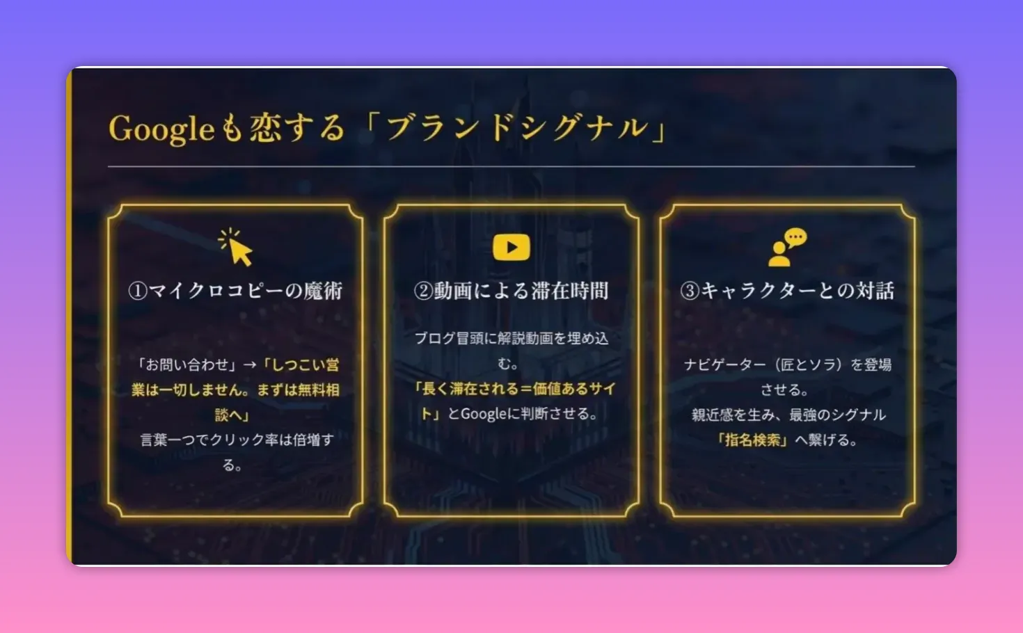 スライド：Googleも恋する「ブランドシグナル」— マイクロコピー・動画・キャラクターの三要素（鮮明）