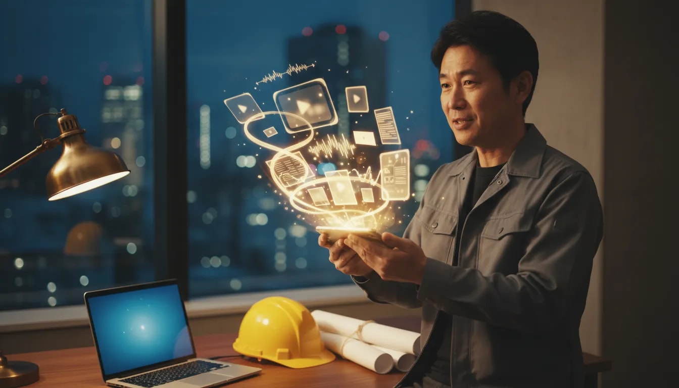 Japanese CEO speaking into a smartphone in a late-night office; glowing soundwaves morph into floating video and article thumbnails with a hard hat and blueprints on the desk.