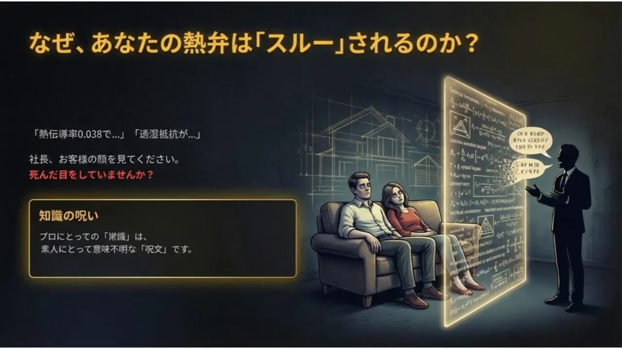 ソファに座る夫婦が専門家の難解なプレゼンを無関心そうに見ているイラスト(「知識の呪い」を表現)