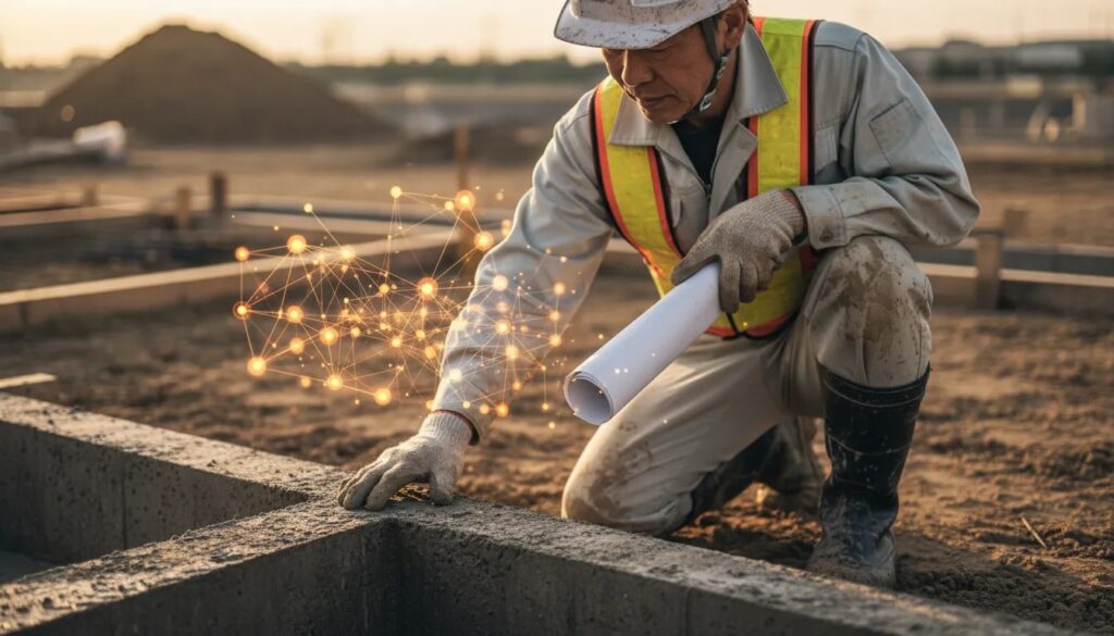 AI時代のSEO戦略を象徴する、泥の付いた靴と手で基礎を検査し図面に触れる建築社長の現場クローズアップ（一次情報・経験を表現）