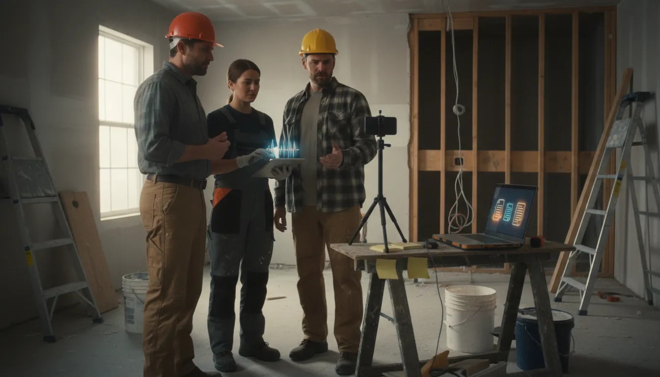 工事中の現場で、職人と顧客が施工の悩みを率直に話し合い、スマホとタブレットで録音・記録して現場の“愚痴”をデジタル資産に変えようとしている様子(文字やロゴはなし)
