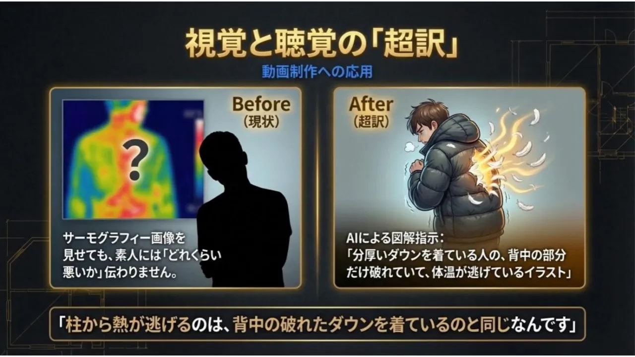 熱画像(Before)と背中の破れたダウンのイラスト(After)で断熱の問題を比喩的に示すスライド