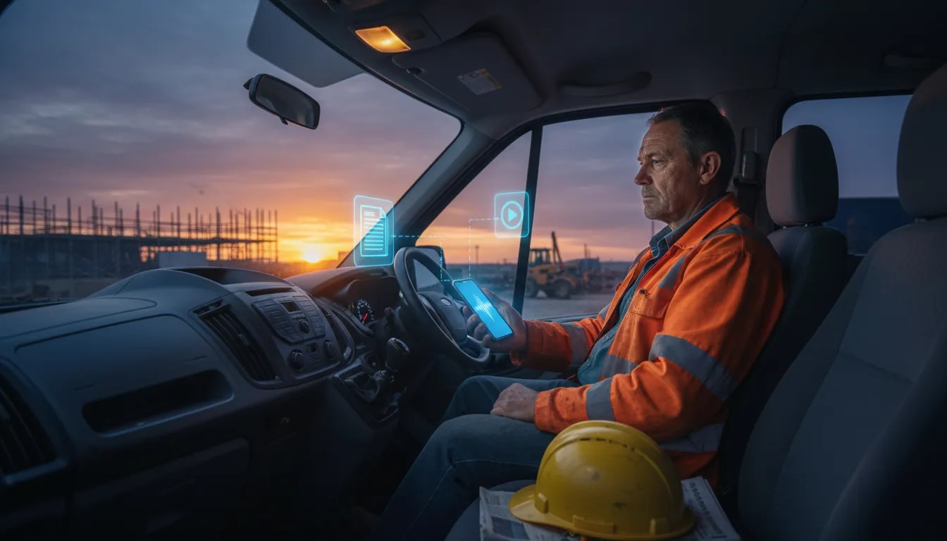 帰りの車内でスマホに話す建築社長。助手席のヘルメットと光るスマホから、ブログの書類と動画のホログラムが浮かび上がり、帰りの車をトリガーにした自動化の流れを表す写真風イメージ。