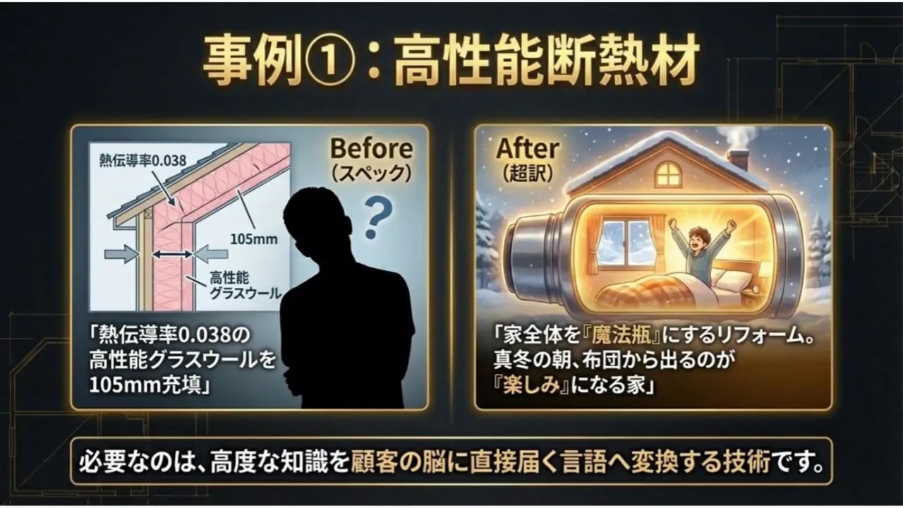 高性能断熱材のビフォー(断熱スペック図)とアフター(家を魔法瓶に例えた暖かい室内イラスト)の比較スライド