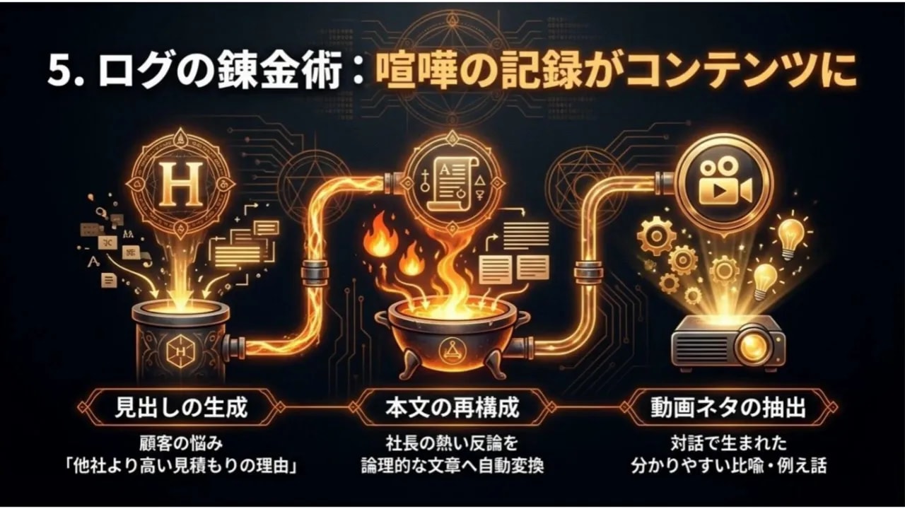 ログの錬金術：対話を見出し・本文・動画ネタに変換するフローチャート風のイラスト