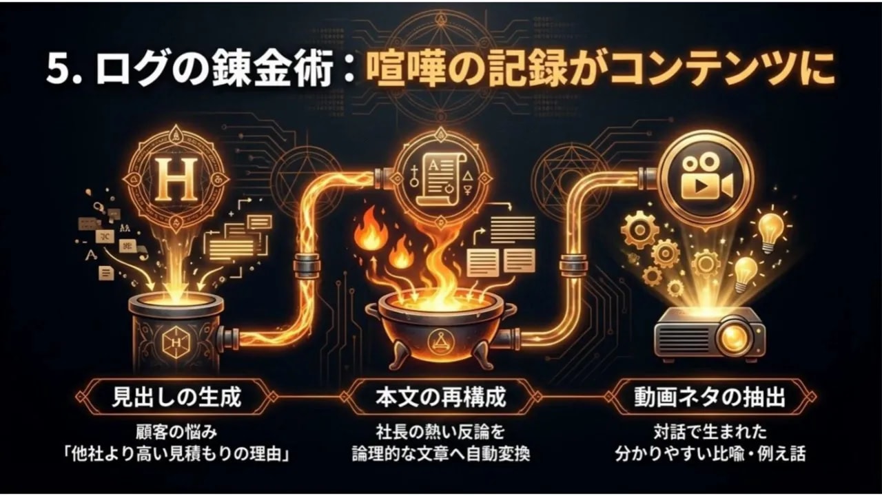 スライド：ログの錬金術 — 対話を見出し・本文・動画ネタに変換するフローチャート風のイラスト
