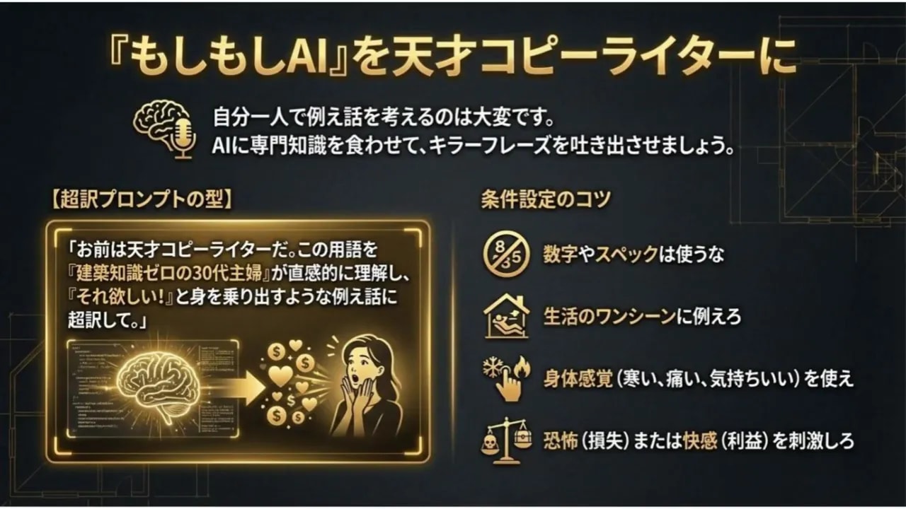 スライド:もしもしAIを天才コピーライターに — プロンプト例と条件(数字NG、生活のワンシーン、身体感覚、恐怖または快感を刺激)
