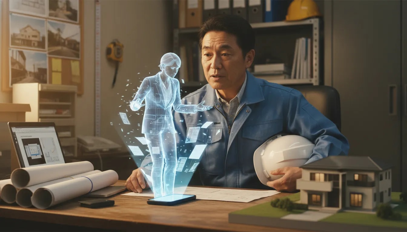 スマホからホログラムの仮想顧客が現れ、中小建築会社の社長が対話している写真風のイメージ