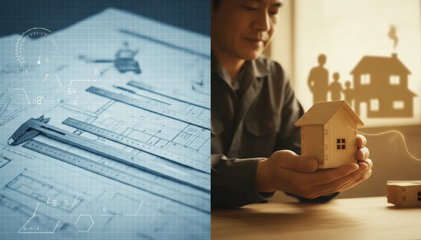 スペックの冷たさ(図面・数値)と職人の哲学(木の模型・家族)を対比させ、哲学で選ばれる家づくりを表現した写真風イメージ