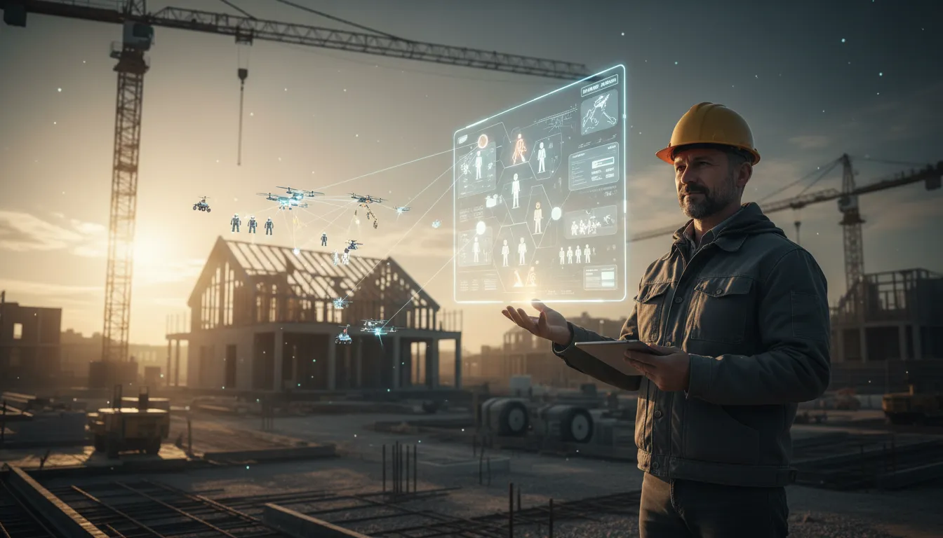 Small construction company owner commanding holographic AI tools and robotic workers at a construction site, representing one-person automated business operations