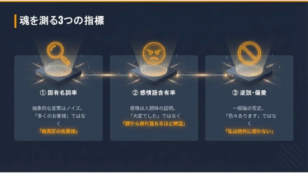 クリアなスライド『魂を測る3つの指標』。①固有名詞率 ②感情語含有率 ③逆説・偏愛 の説明が読みやすい