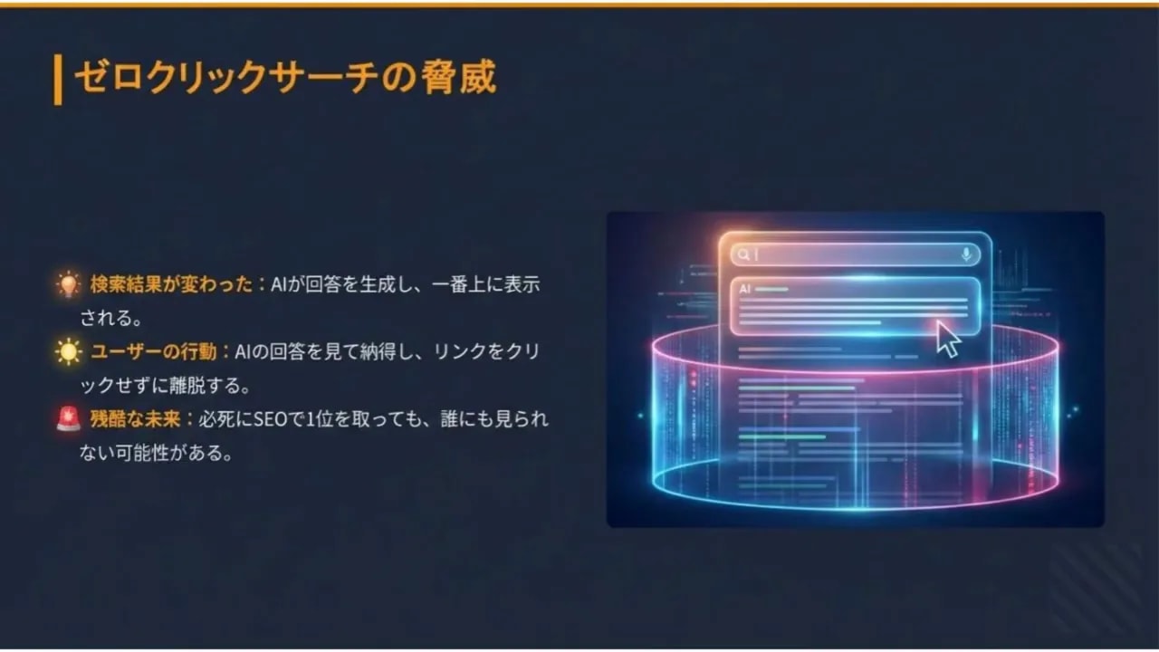 クリアなスライド:ゼロクリックサーチの脅威(図と箇条書き)