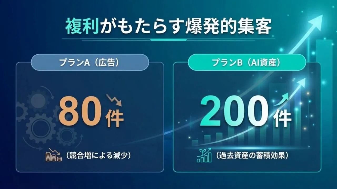 プランA（広告）80件とプランB（AI資産）200件を示す鮮明なプレゼンスライド