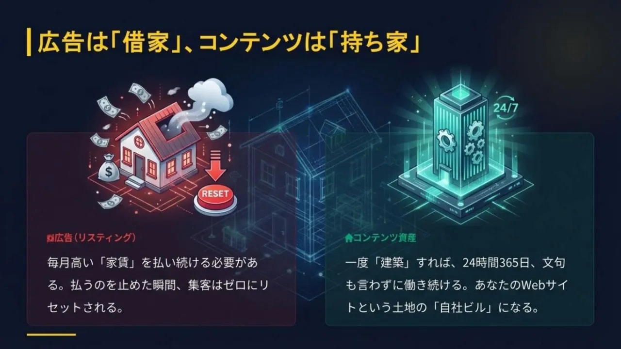 広告は借家、コンテンツは持ち家というヘッダーと左に赤い家、右に稼働するビルのイラストが配置されたスライド