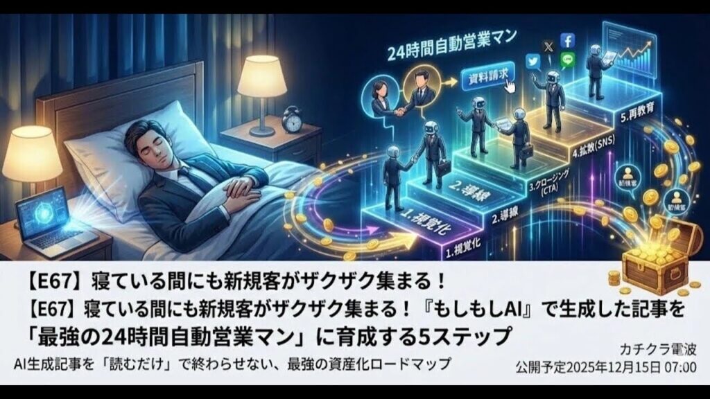video thumbnail for '寝ている間にも新規客がザクザク集まる！『もしもしAI』で生成した記事を「最強の24時間自動営業マン」に育成する5ステップ【カチクラ電波E67】'