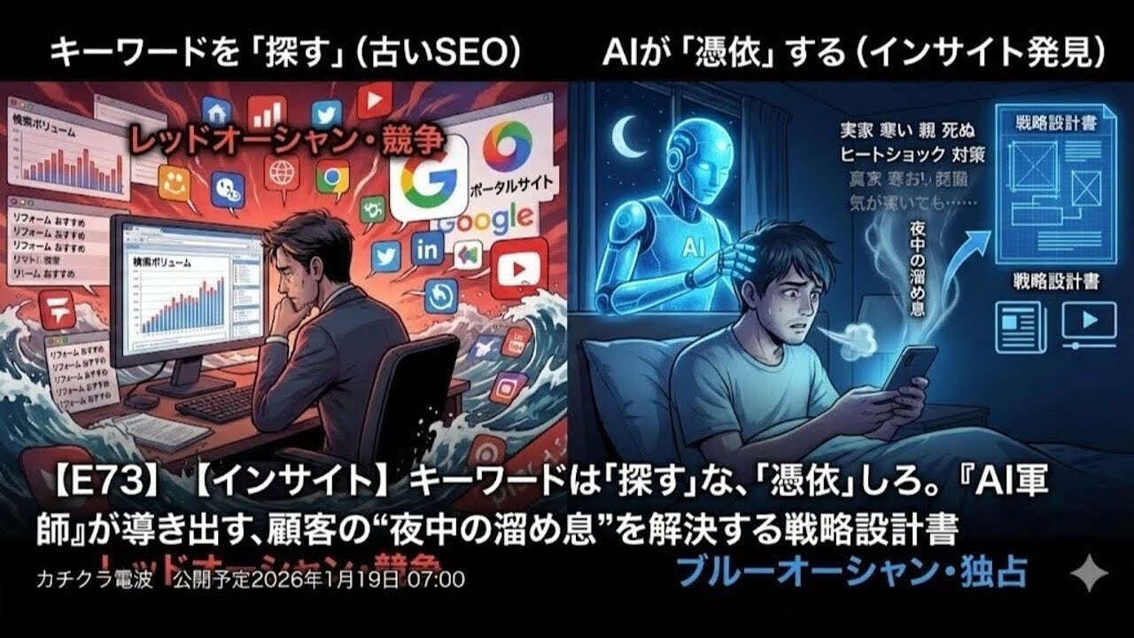 video thumbnail for '【インサイト】キーワードは「探す」な、「憑依」しろ。『AI軍師』が導き出す、顧客の“夜中の溜め息”を解決する戦略設計書【カチクラ電波E73】'