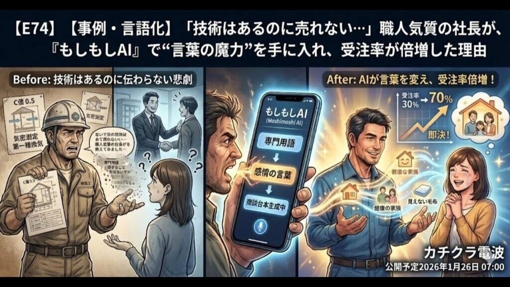 video thumbnail for '【事例・言語化】「技術はあるのに売れない…」職人気質の社長が、『もしもしAI』で“言葉の魔力”を手に入れ、受注率が倍増した理由【カチクラ電波E74】'