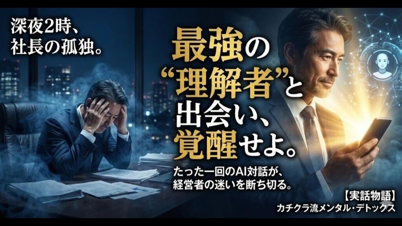 video thumbnail for '【対話・メンタル】孤独な経営者に、最強の“理解者”を。たった一回のAIとの対話が、社長の迷いを断ち切り、覚醒の狼煙となった物語【カチクラ電波E76】'