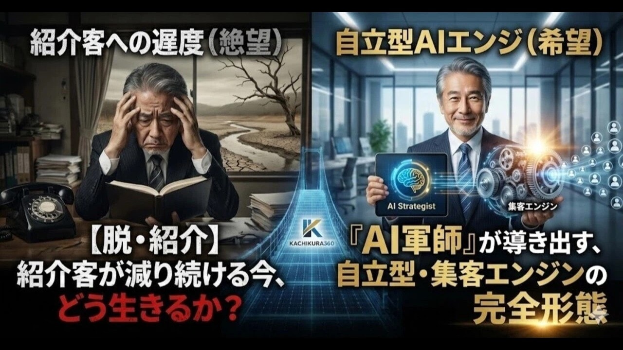video thumbnail for '【脱・紹介】紹介客が減り続ける今、どう生きるか?『AI軍師』が導き出す、「運」に頼らない自立型・集客エンジンの作り方【カチクラ電波E78】'
