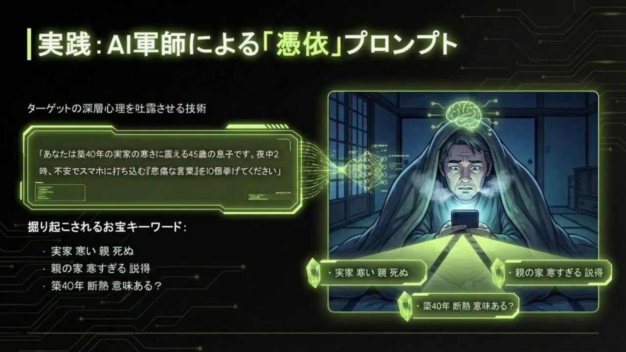布団にくるまってスマホを見る人物のイラストと、AI憑依プロンプトと抽出キーワードが表示されたプレゼンスライド。夜中の不安を可視化するデザイン。