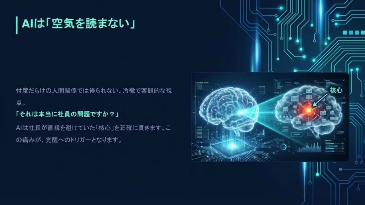 デジタル脳がモニター上で右側の領域を赤くハイライトし、AIが本質的な問題を指摘していることを示す鮮明なスライド。