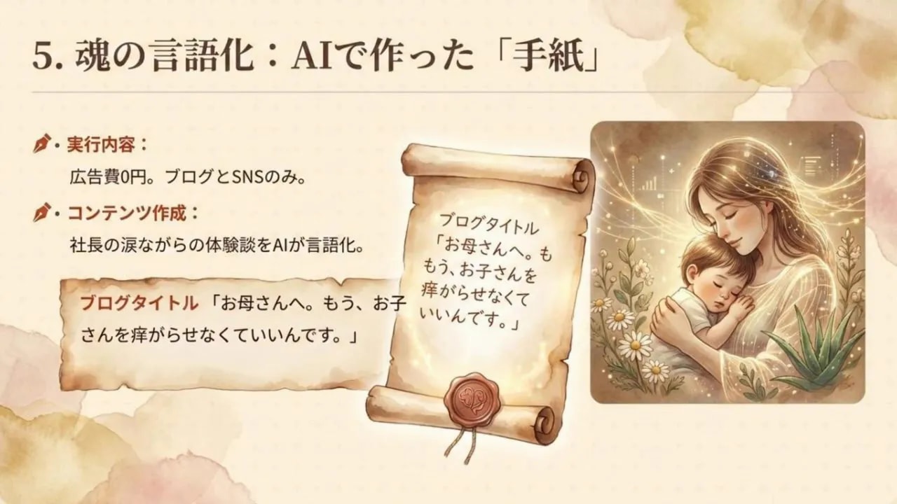 スライド:AIで作った涙の手紙と母と子のやさしいイラスト