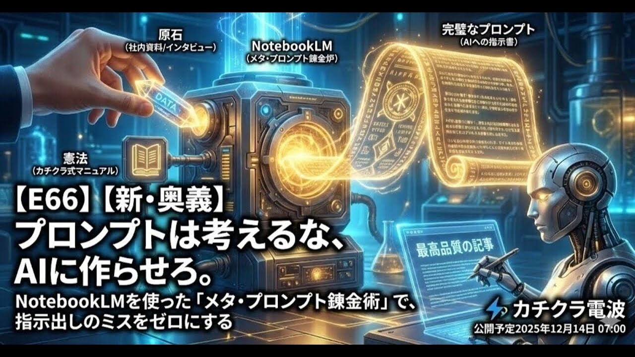 video thumbnail for '【新・奥義】プロンプトは考えるな、AIに作らせろ。NotebookLMを使った「メタ・プロンプト錬金術」で、指示出しのミスをゼロにする【カチクラ電波E66】'